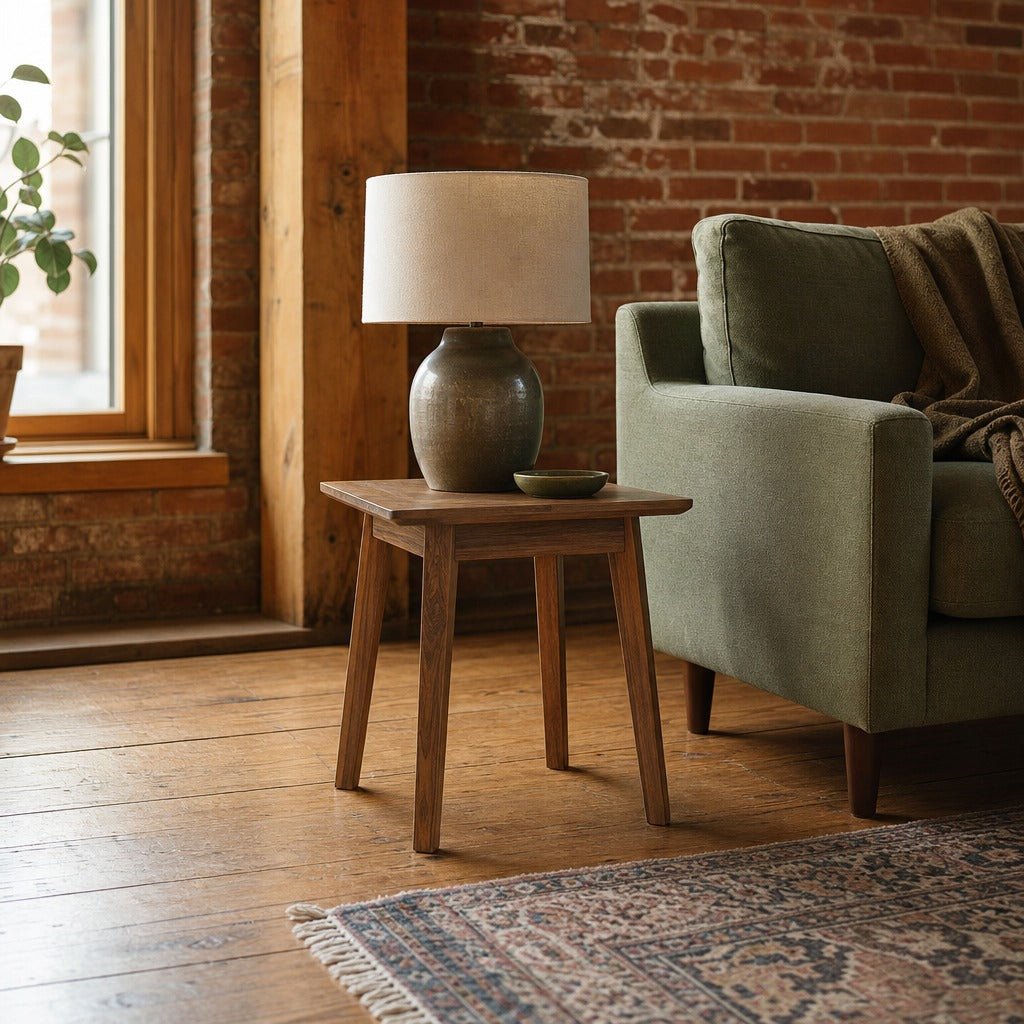Gia Side Table in Warm Pecan styled in Portland converted warehouse flat with warm exposed brick and fir timber beams (no steel, no concrete) living room - Whats New Furniture