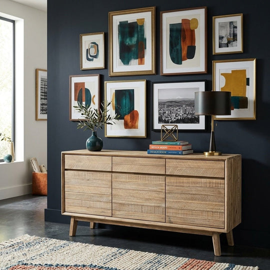 Gia Sideboard styled in a bright Portland mid-century modern living room - Whats New Furniture
