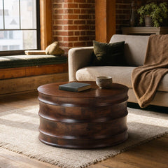 Global Coffee Table styled in Portland converted warehouse flat with warm exposed brick and fir timber beams (no steel, no concrete) living room - Whats New Furniture