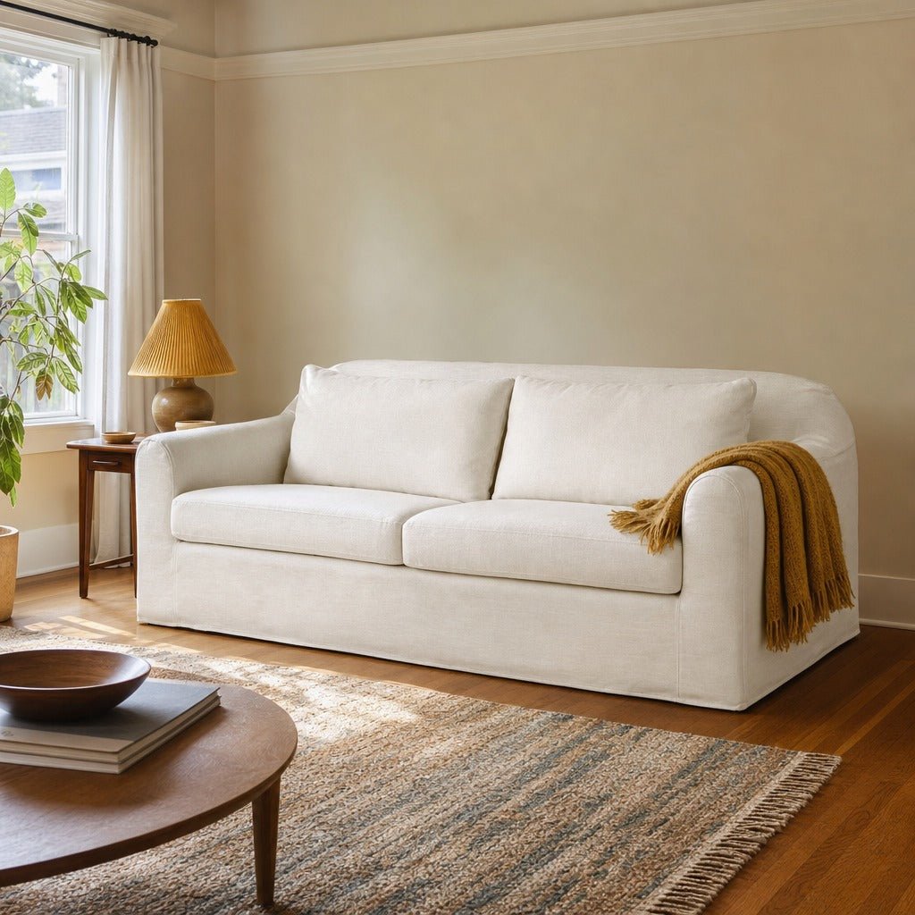 Harper Slipcover Sofa in Linen Ivory styled in Portland Hawthorne Craftsmbungalow living room - Whats New Furniture