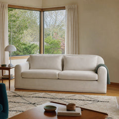 Harper Slipcover Sofa in Linen Ivory styled in Portland Mt. Tabor mid-century daylight ranch living room - Whats New Furniture
