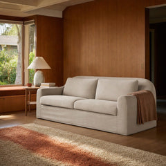 Harper Slipcover Sofa in Linen Malt styled in Portland 1960s Garden Home ranch living room - Whats New Furniture