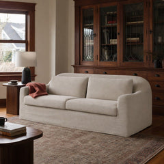 Harper Slipcover Sofa in Linen Malt styled in Portland AlbertArts foursquare living room - Whats New Furniture