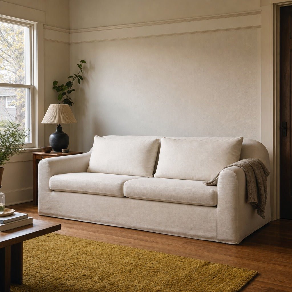 Harper Slipcover Sofa in Linen Ivory styled in Portland Hawthorne Craftsmbungalow living room - Whats New Furniture