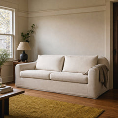 Harper Slipcover Sofa in Linen Ivory styled in Portland Hawthorne Craftsmbungalow living room - Whats New Furniture