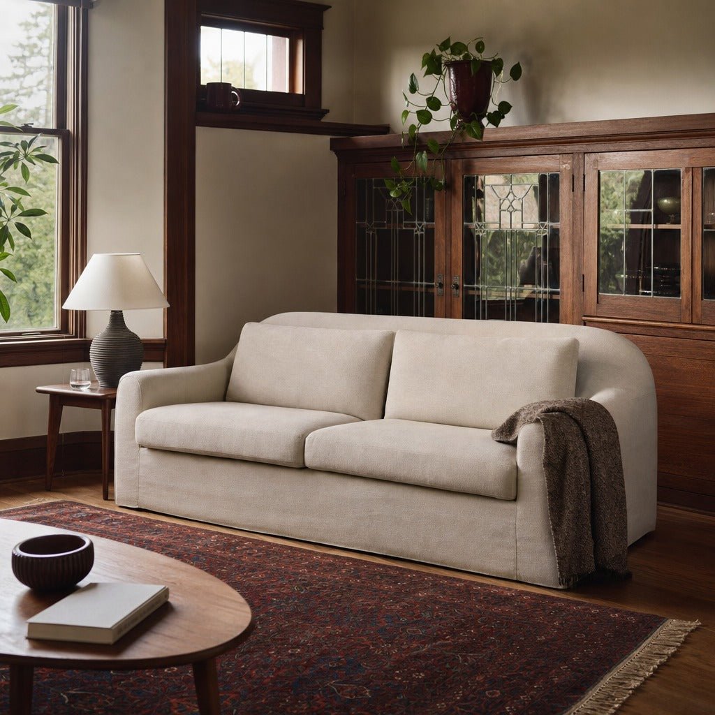 Harper Slipcover Sofa in Linen Malt styled in Portland AlbertArts foursquare living room - Whats New Furniture