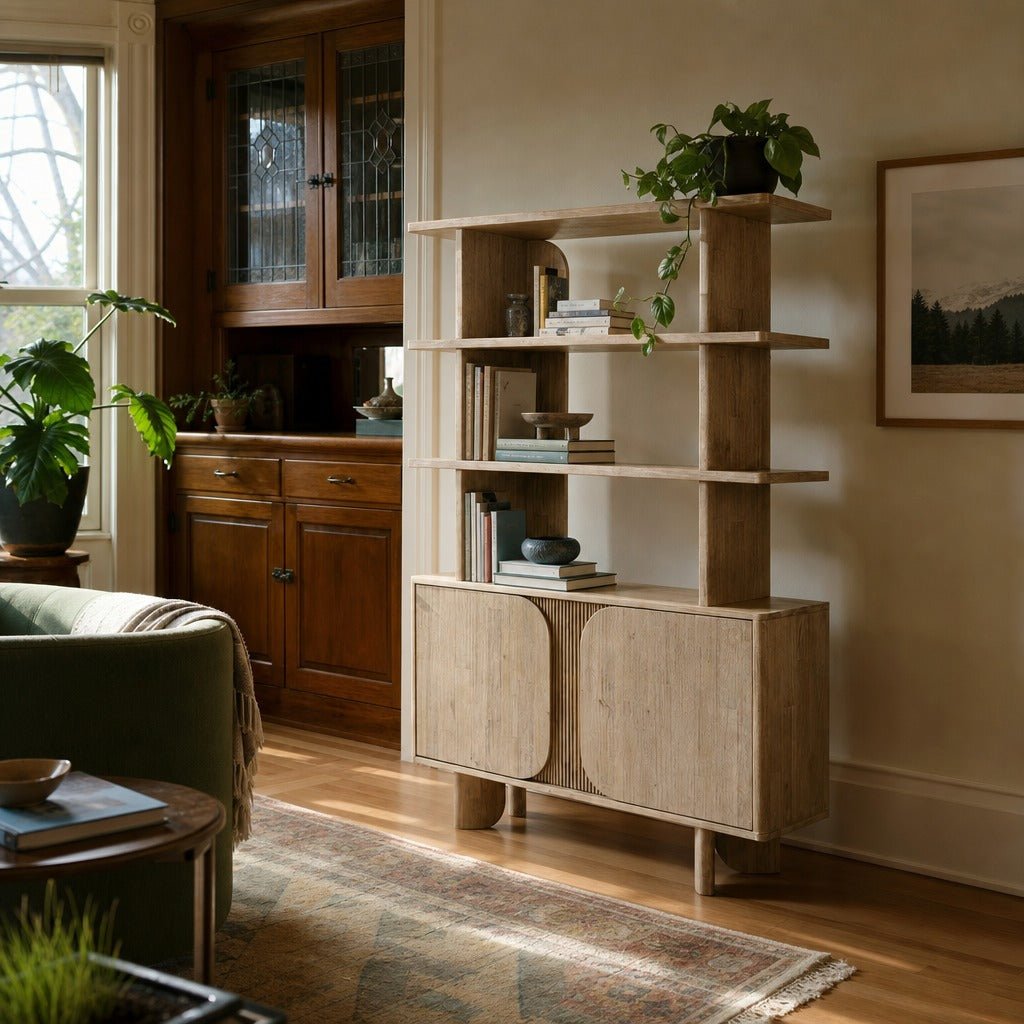 Haru Bookcase styled in Portland NW 23rd Victoriwith bay window living room - Whats New Furniture