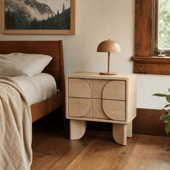 Haru Nightstand in Sand Wash styled in a Portland Craftsman bedroom with terracotta lamp - Whats New Furniture