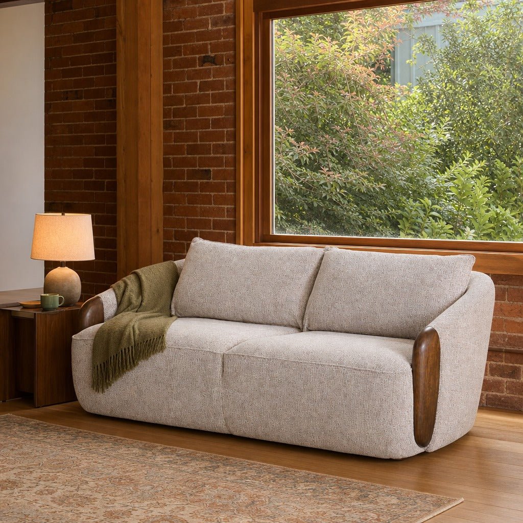 Heritage Sofa styled in Portland converted warehouse flat with warm exposed brick and fir timber beams (no steel, no concrete) living room - Whats New Furniture