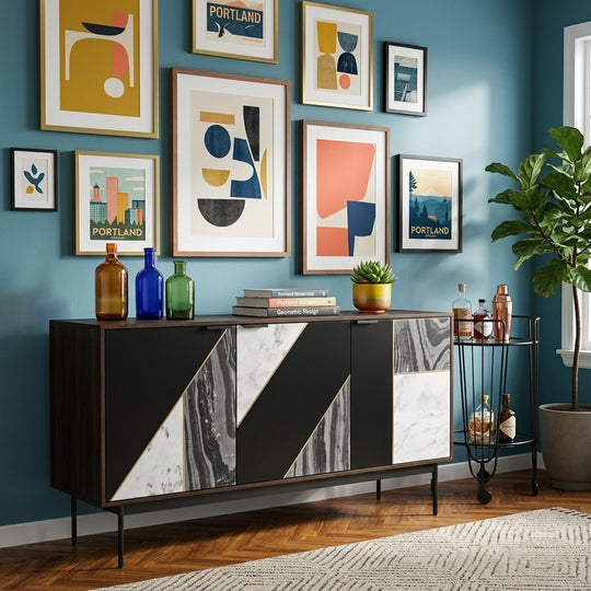 Hexa Black Fossil Sideboard styled in a bright Portland mid-century modern interior - Whats New Furniture