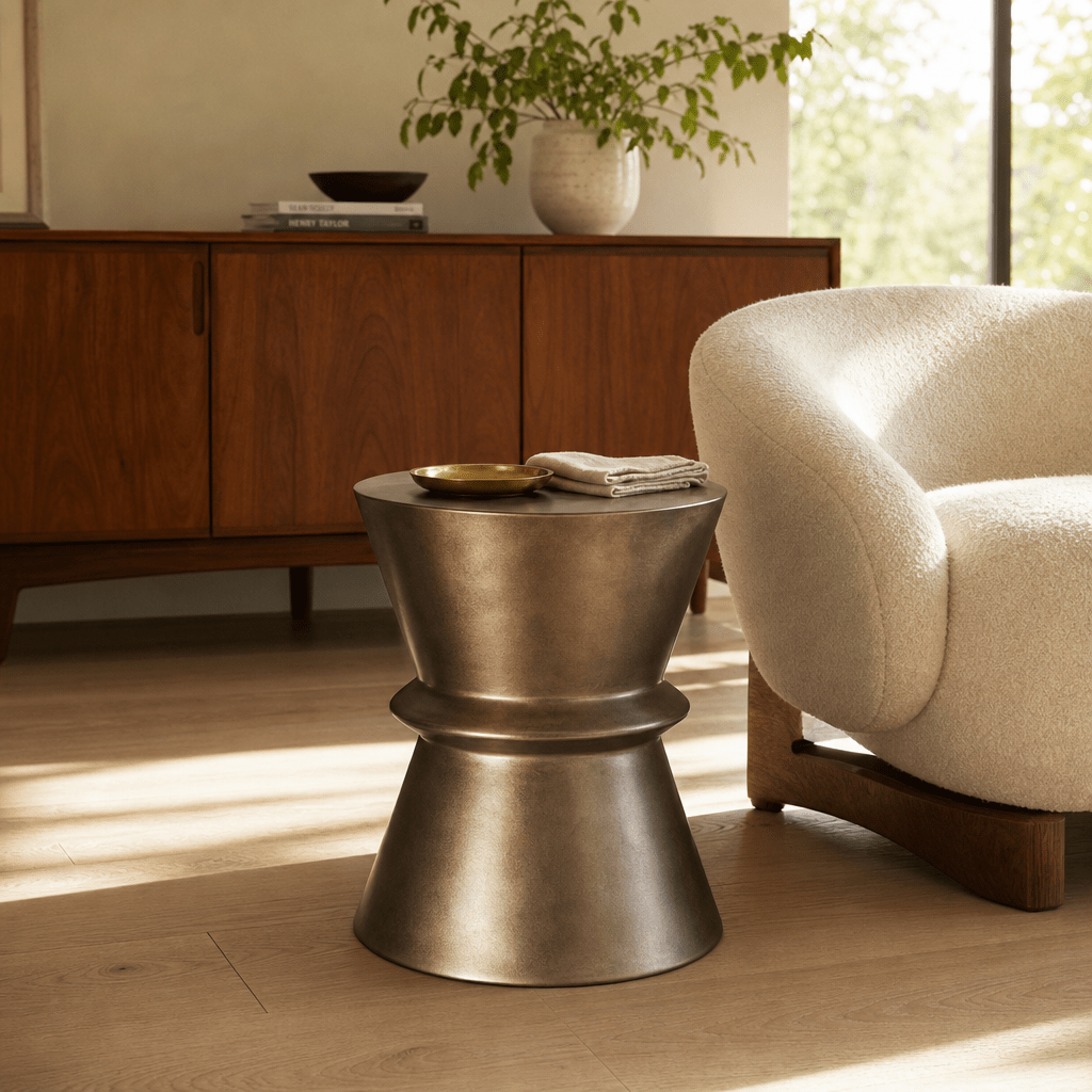 Hourglass concrete side table in Bronze styled in Portland mid-century living room - Whats New Furniture