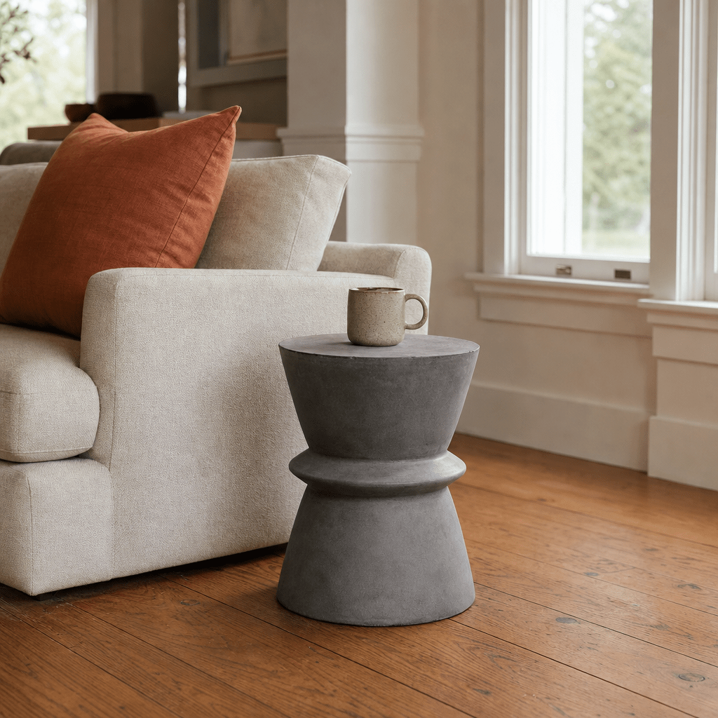 Hourglass concrete side table in Dark Grey styled in Portland Craftsman living room - Whats New Furniture