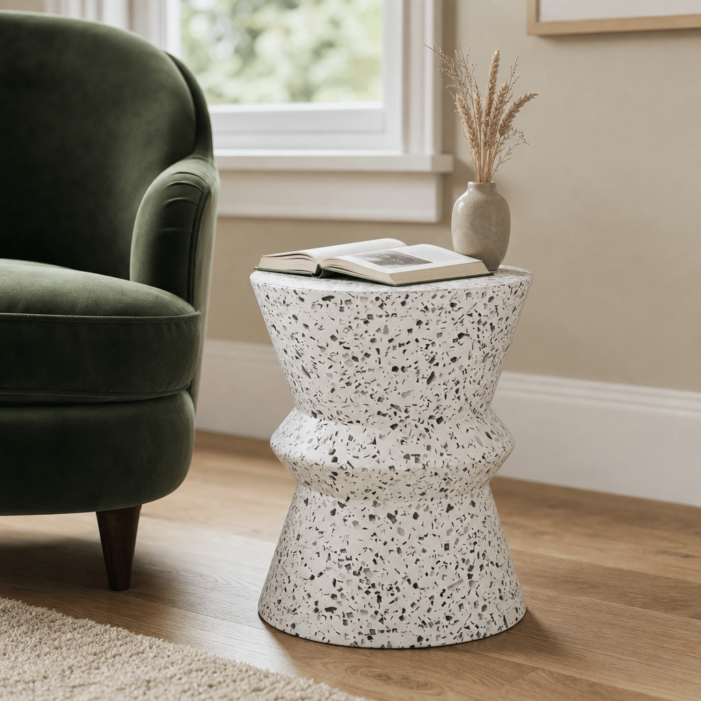 Hourglass concrete side table in Terrazzo styled in Portland reading nook - Whats New Furniture