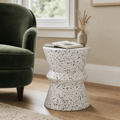 Hourglass concrete side table in Terrazzo styled in Portland reading nook - Whats New Furniture