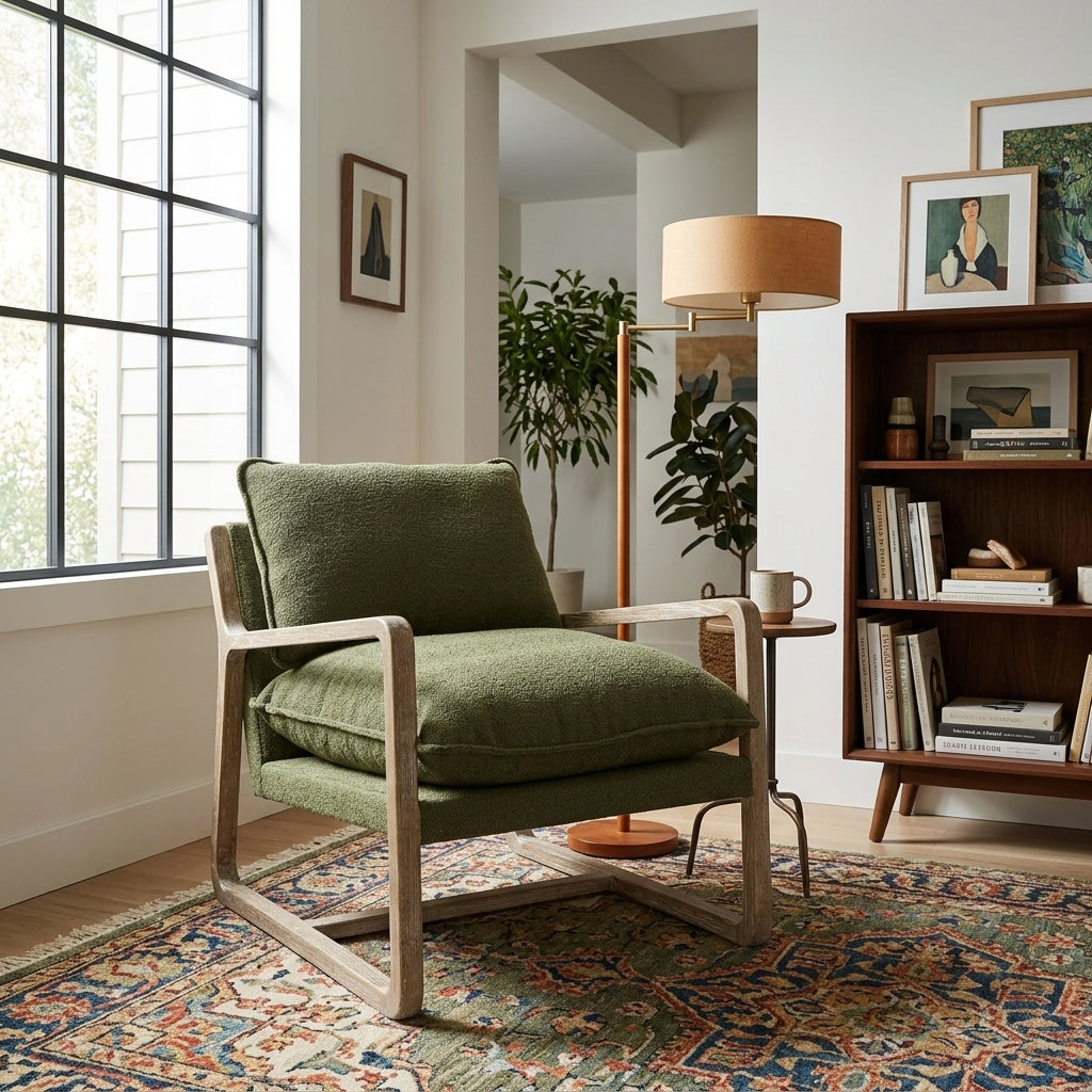 Huntington Club Chair in Moss Boucle styled in a bright Portland mid-century modern living room - Whats New Furniture