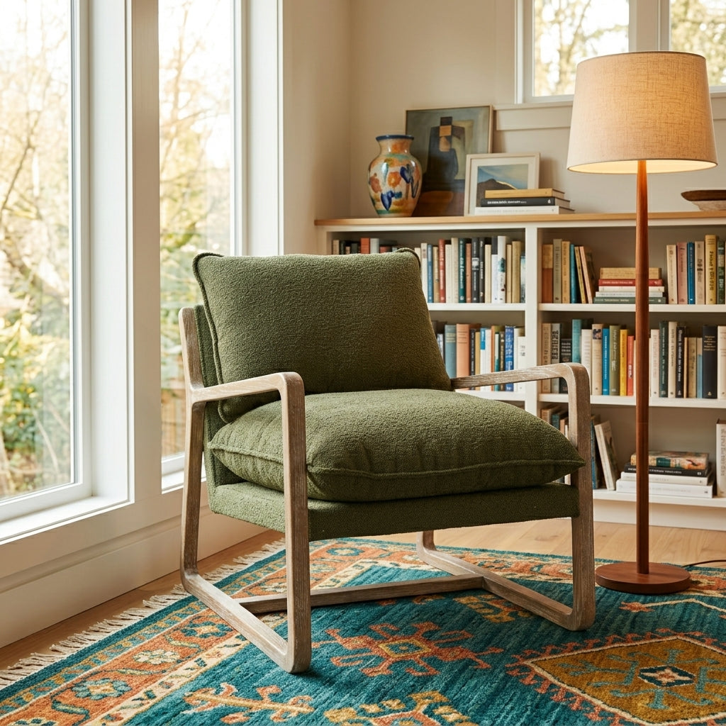 Huntington Club Chair in Moss Boucle styled in a bright Portland room - Whats New Furniture
