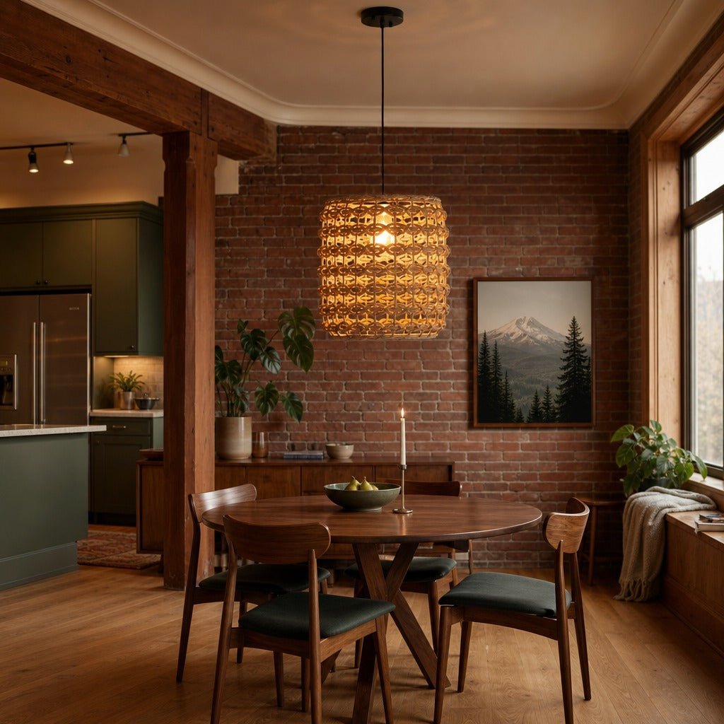 Hyacinth Round Chandelier styled in Portland converted warehouse flat with warm exposed brick and fir timber beams (no steel, no concrete) dining room - Whats New Furniture