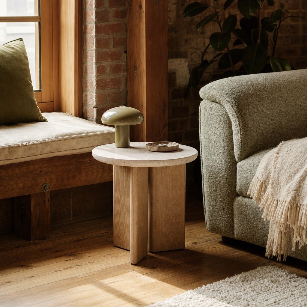 Infinity Side Table in Seashell styled in Portland converted warehouse flat with warm exposed brick and fir timber beams (no steel, no concrete) living room - Whats New Furniture