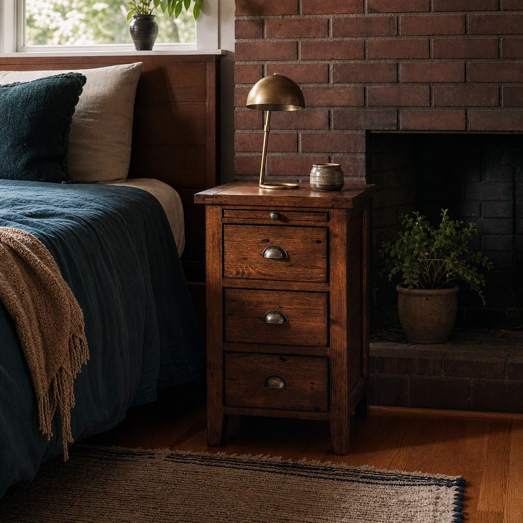 Irish Coast 3 Drawer Nightstand in African Dusk styled in Portland AlbertArts foursquare bedroom - Whats New Furniture