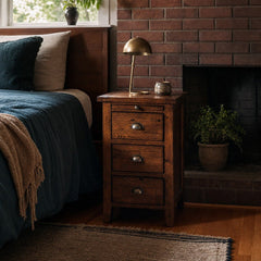 Irish Coast 3 Drawer Nightstand in African Dusk styled in Portland AlbertArts foursquare bedroom - Whats New Furniture