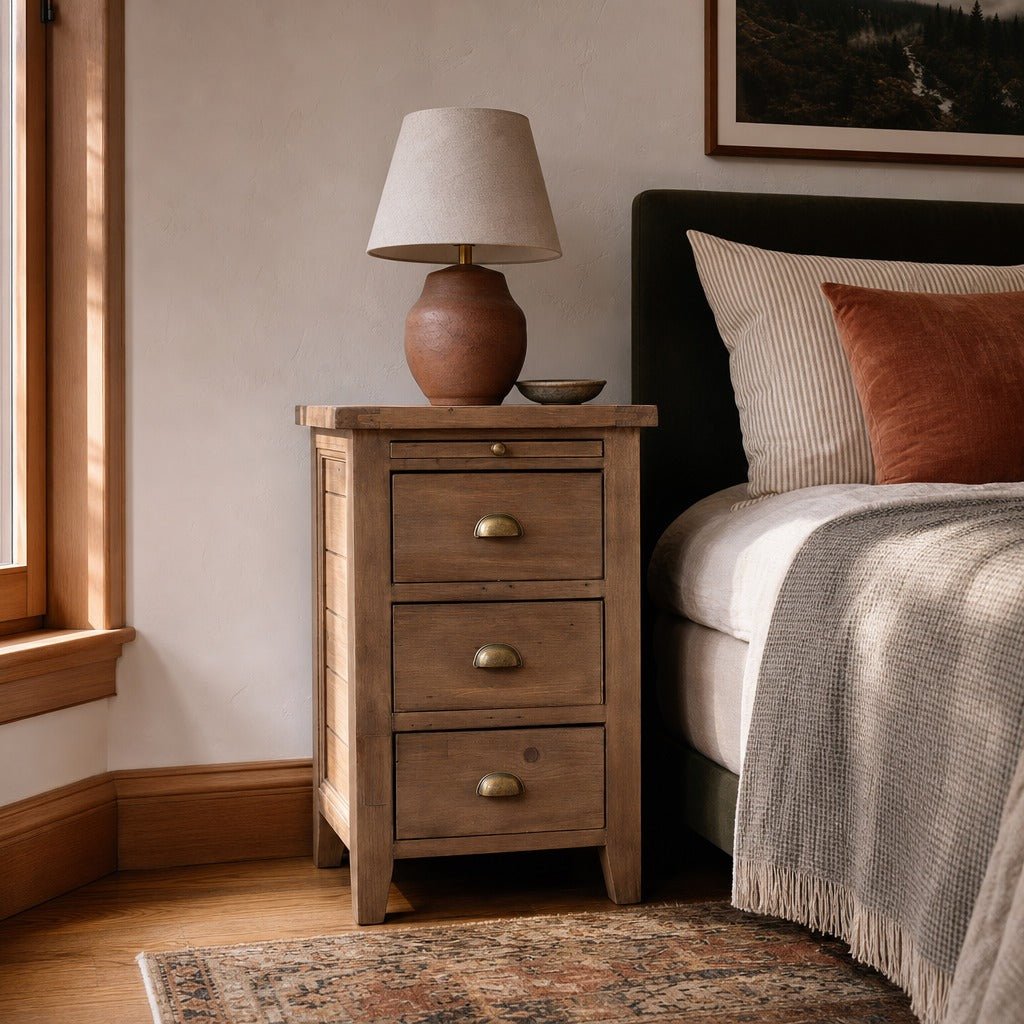 Irish Coast 3 Drawer Nightstand in Sundried styled in Portland Laurelhurst Tudor cottage bedroom - Whats New Furniture