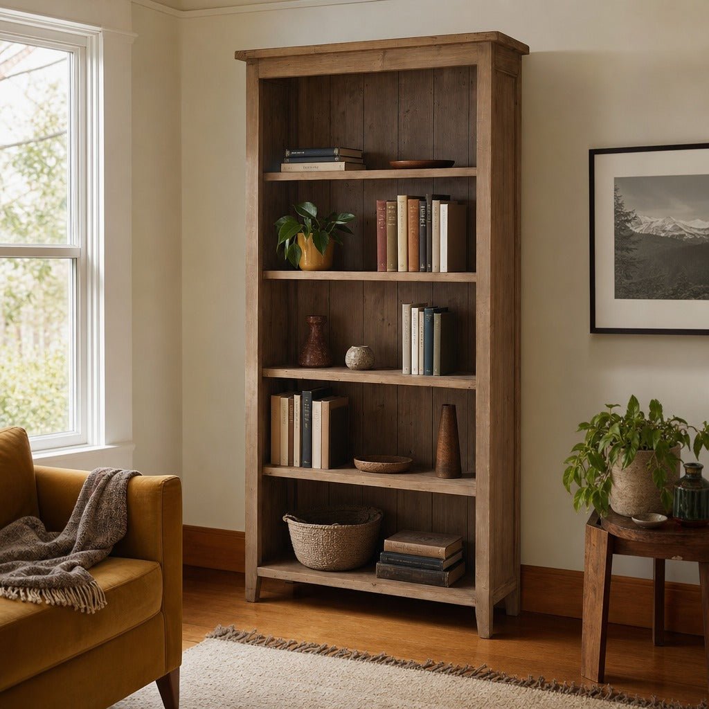 Irish Coast Lifestyle Bookcase in Sundried styled in Portland Hawthorne Craftsmbungalow living room - Whats New Furniture