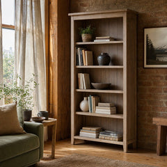Irish Coast Lifestyle Bookcase in Sundried styled in Portland converted warehouse flat with warm exposed brick and fir timber beams (no steel, no concrete) living room - Whats New Furniture