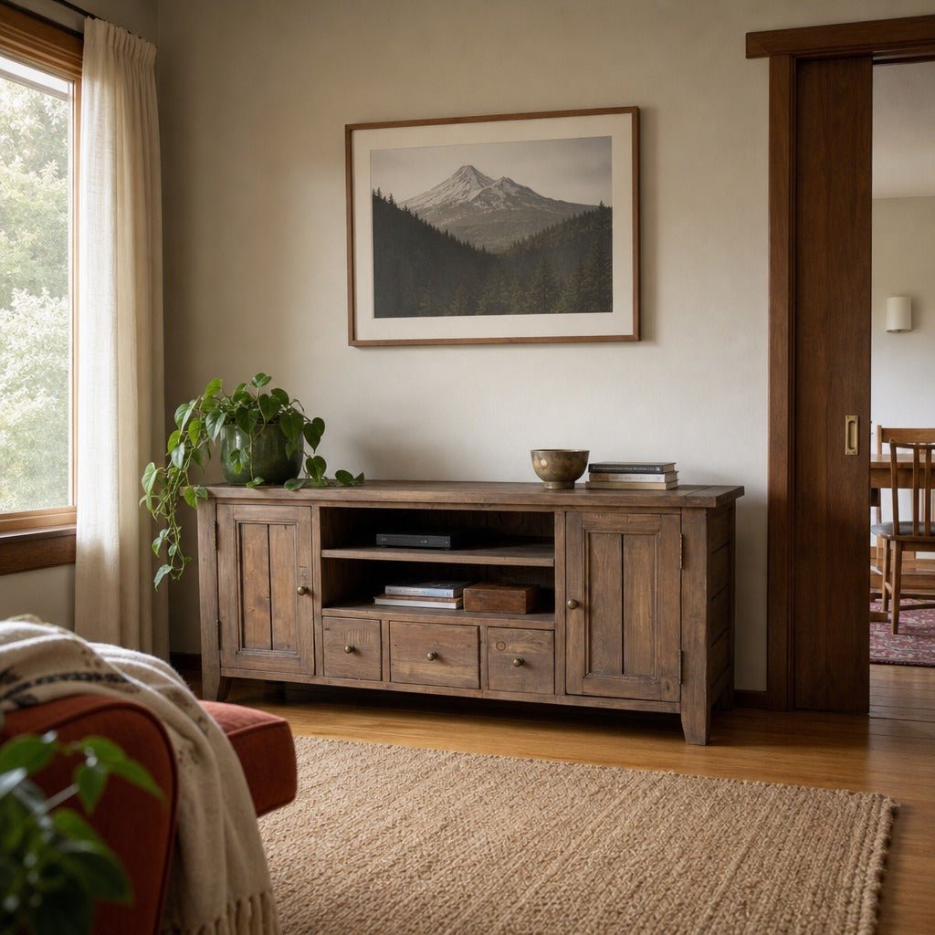 Irish Coast Media Unit in Sundried styled in Portland 1960s Garden Home ranch living room - Whats New Furniture