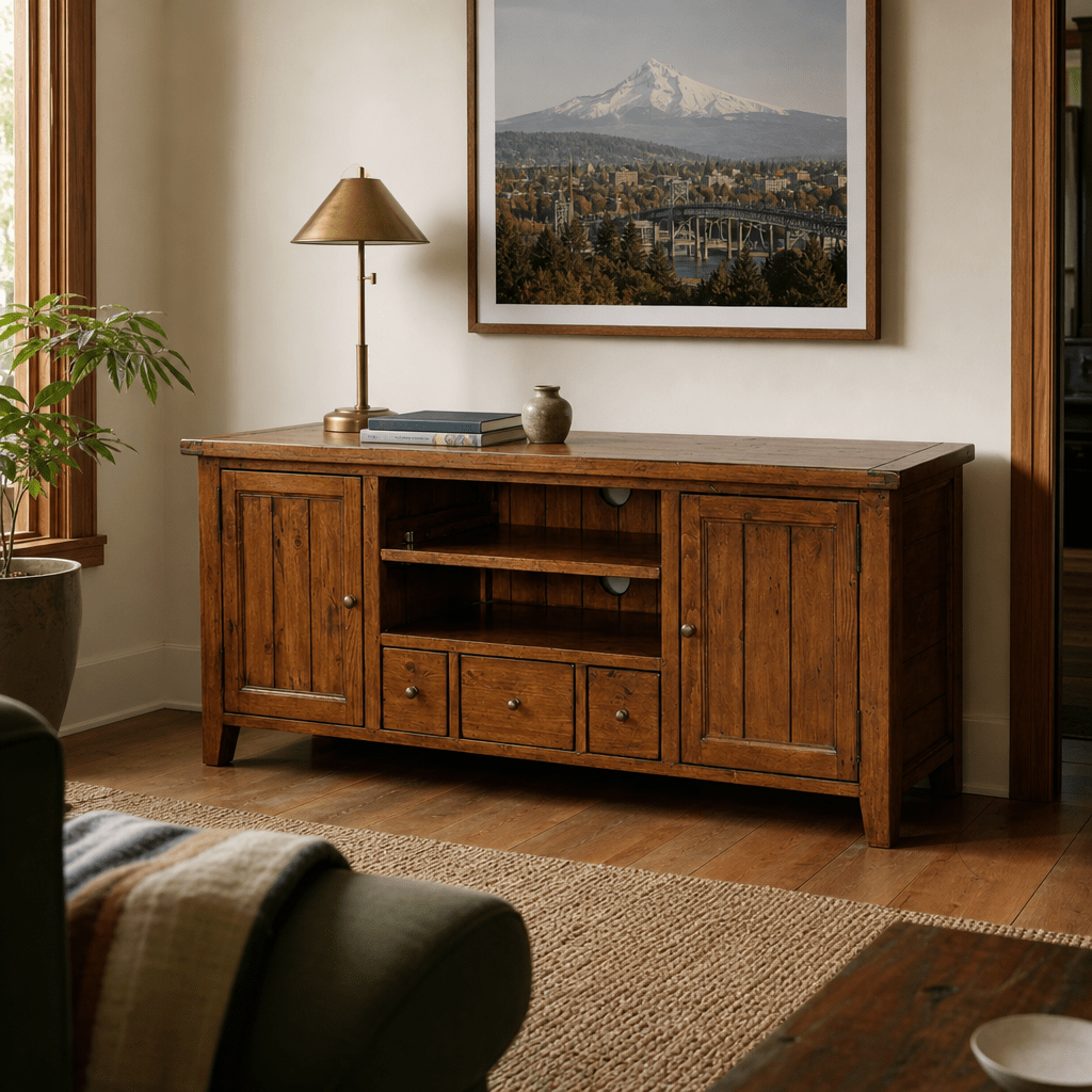 Irish Coast Regular Media Unit in African Dusk styled in a Portland Craftsman living room - Whats New Furniture