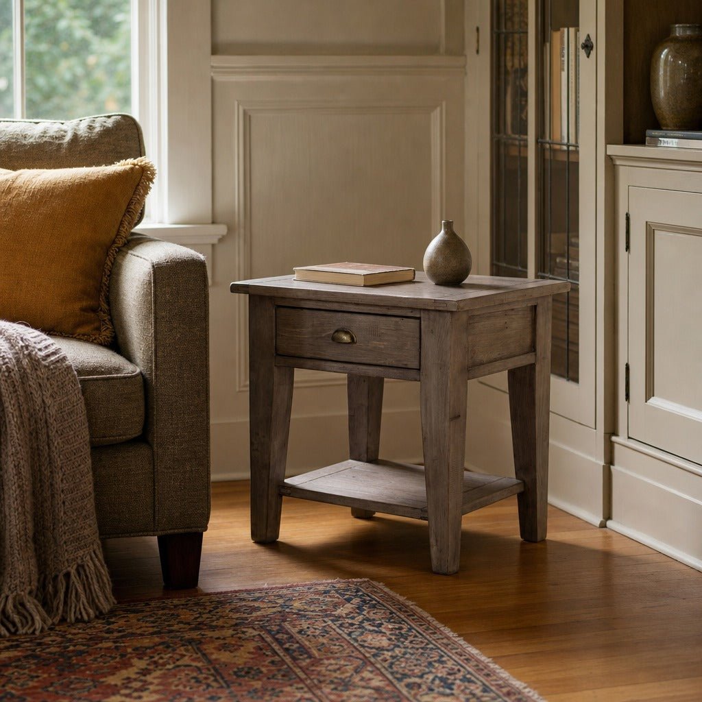 Irish Coast Side Table in Sundried styled in Portland Irvington foursquare with original built-ins living room - Whats New Furniture