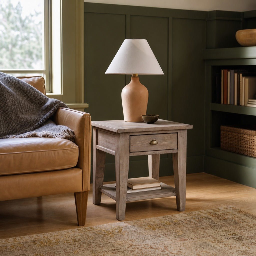 Irish Coast Side Table in Sundried styled in Portland Irvington foursquare with original built-ins living room - Whats New Furniture