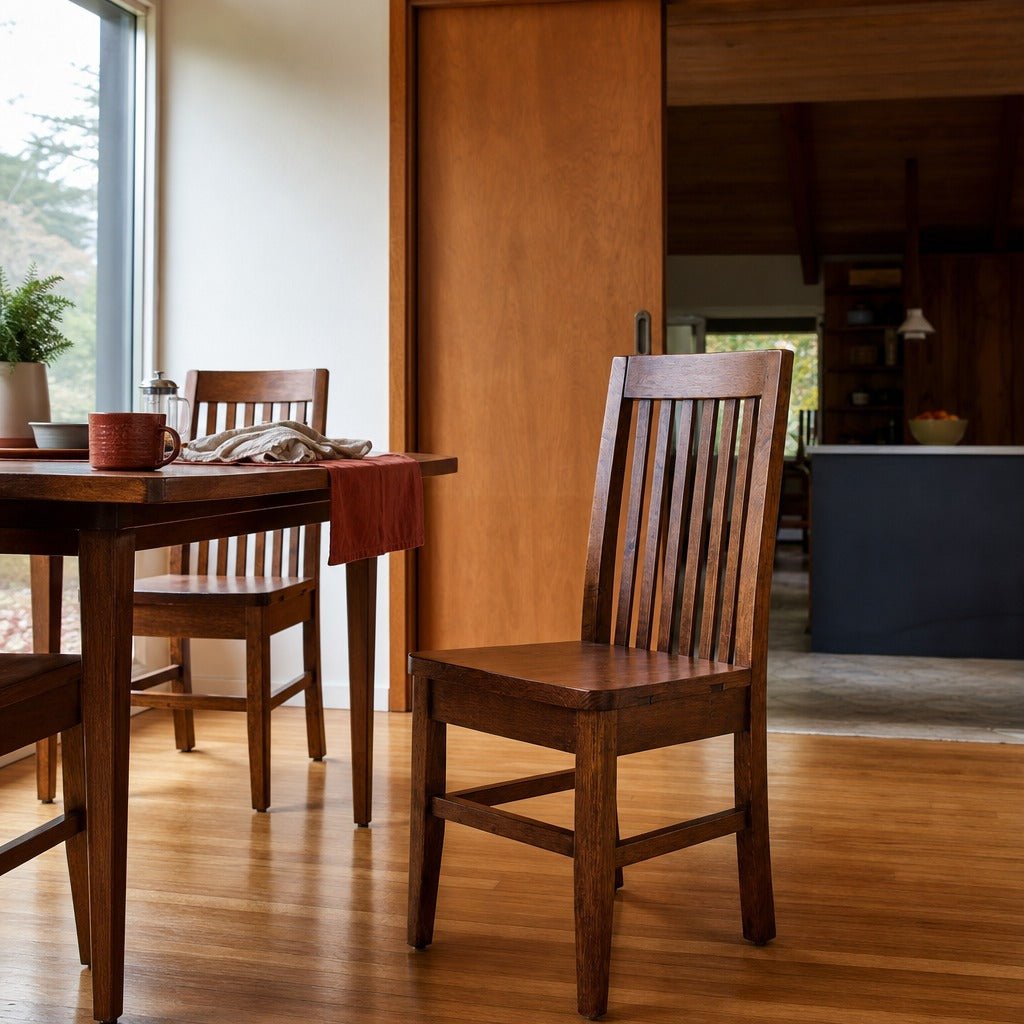 Irish Coast Slat Back Dining Chair in African Dusk styled in Portland Mt. Tabor mid-century daylight - Whats New Furniture