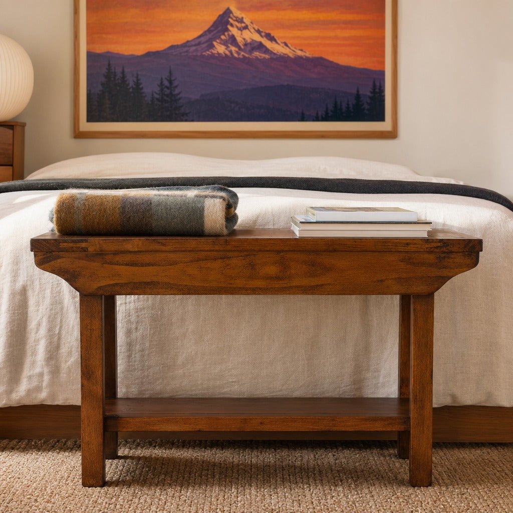 Irish Coast Small Bench styled in a bright mid-century modern Portland entryway - Whats New Furniture