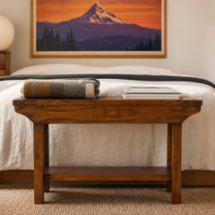 Irish Coast Small Bench styled in a bright mid-century modern Portland entryway - Whats New Furniture