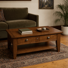 Irish Coast Small Coffee Table in African Dusk styled in a Portland Craftsman living room - Whats New Furniture