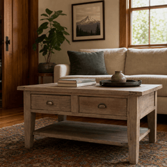 Irish Coast Small Coffee Table in Sundried styled in a Portland Craftsman living room - Whats New Furniture