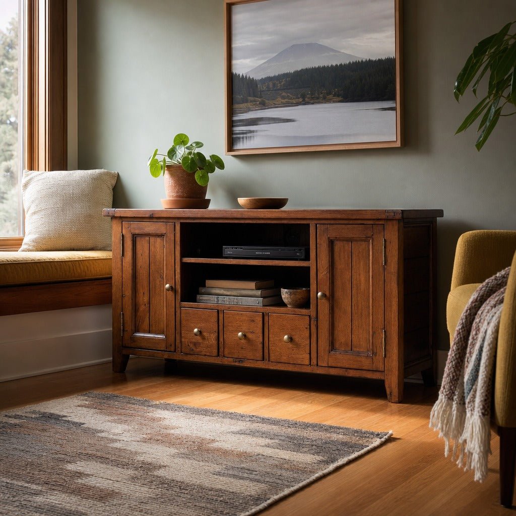 Irish Coast Small Media Unit in African Dusk styled in Portland St. Johns bungalow living room - Whats New Furniture