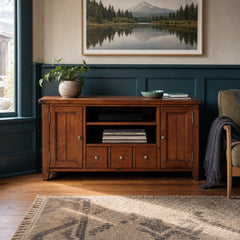 Irish Coast Small Media Unit in African Dusk styled in Portland AlbertArts foursquare living room - Whats New Furniture