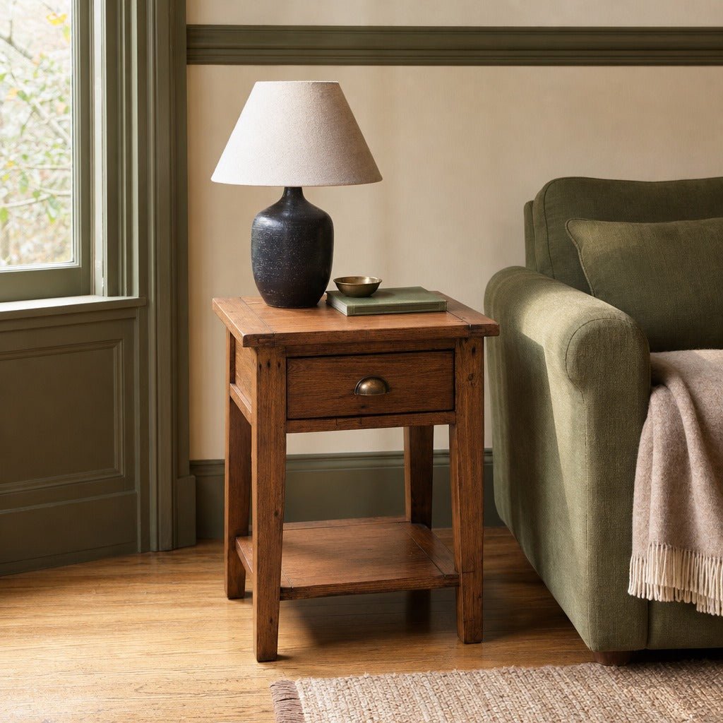 Irish Coast Small Side Table in African Dusk styled in Portland NW 23rd Victoriwith bay window living room - Whats New Furniture