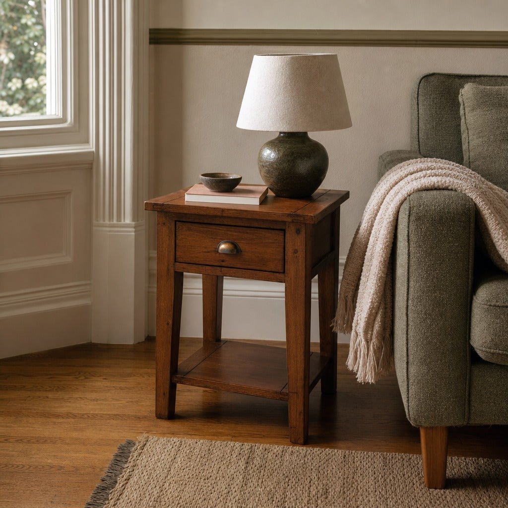Irish Coast Small Side Table in African Dusk styled in Portland NW 23rd Victoriwith bay window living room - Whats New Furniture