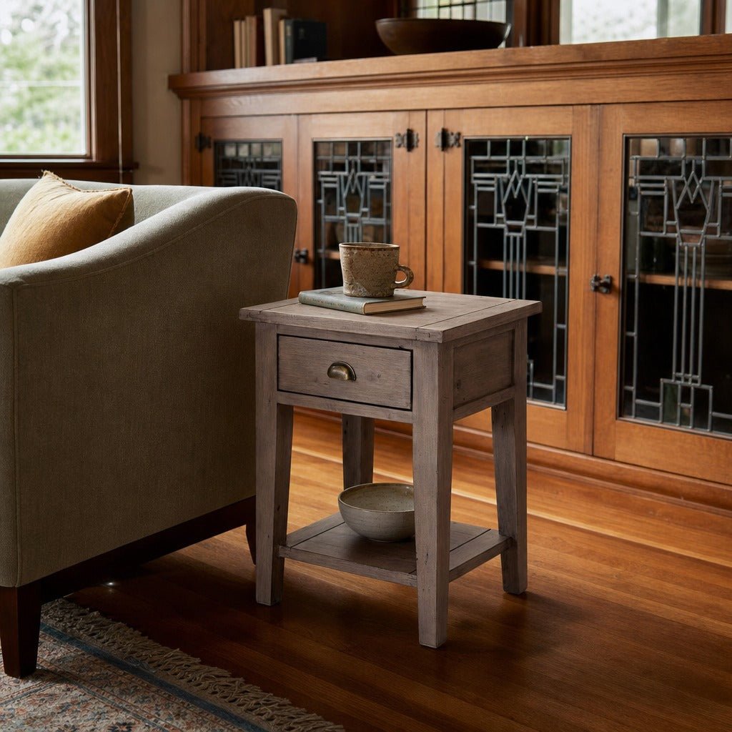 Irish Coast Small Side Table in Sundried styled in Portland Hawthorne Craftsmbungalow living room - Whats New Furniture