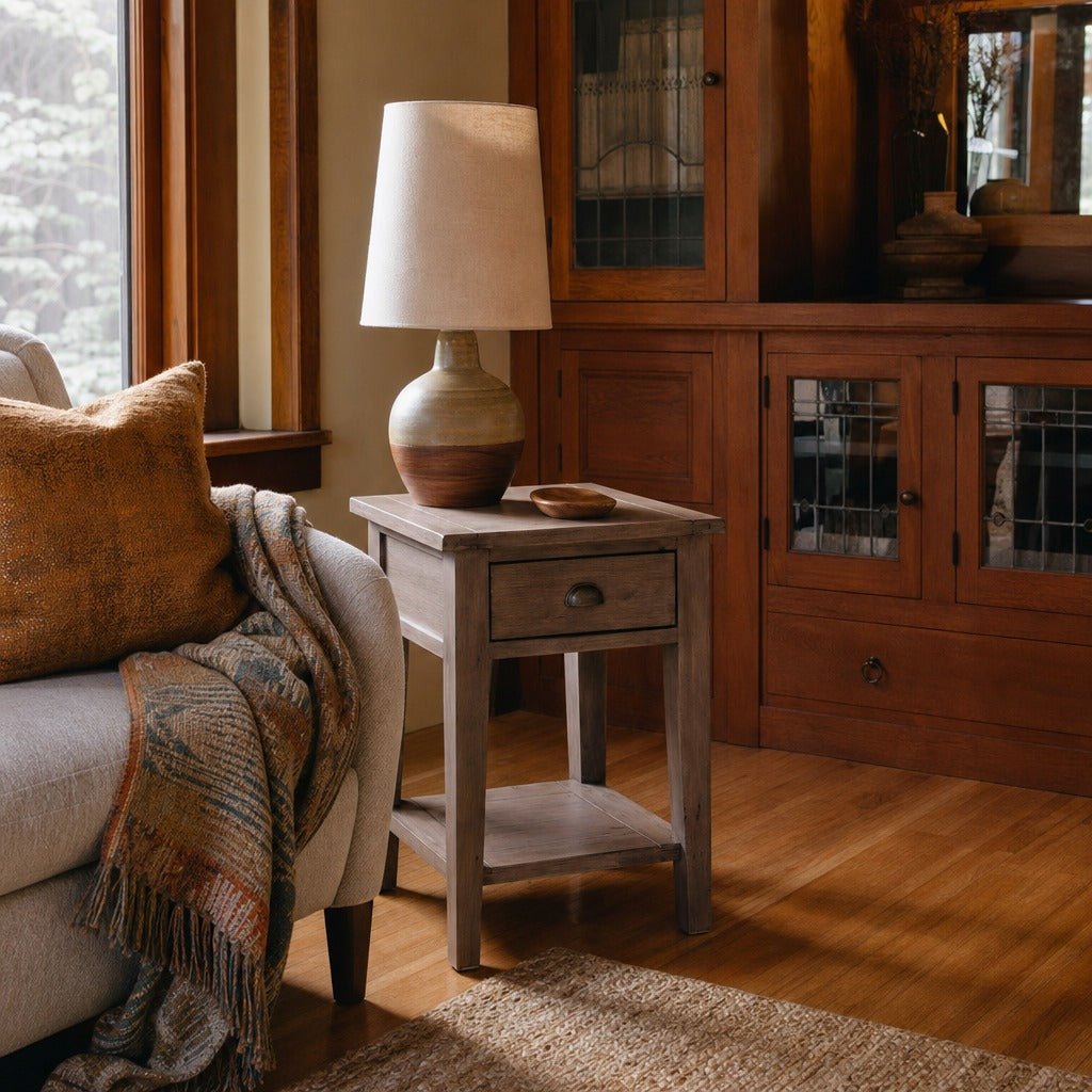 Irish Coast Small Side Table in Sundried styled in Portland Hawthorne Craftsmbungalow living room - Whats New Furniture