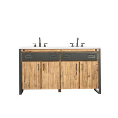Irondale Vanity W61 in Solid Acacia Wood and Metal with White Basin - Whats New Furniture Portland OR