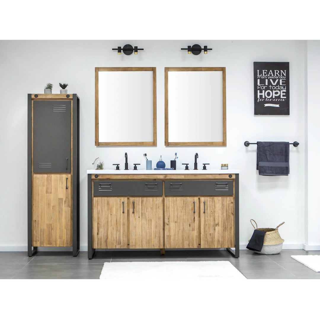 Irondale Vanity W61 in Solid Acacia Wood and Metal with White Basin - Whats New Furniture Portland OR
