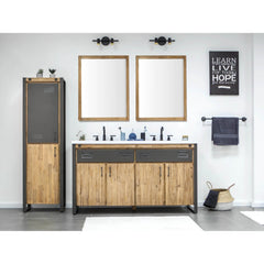 Irondale Vanity W61 in Solid Acacia Wood and Metal with White Basin - Whats New Furniture Portland OR