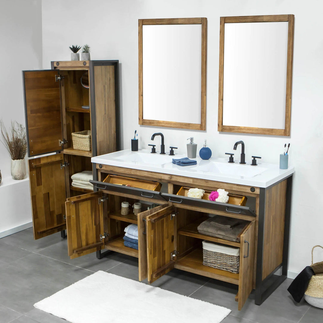 Irondale Vanity W61 in Solid Acacia Wood and Metal with White Basin - Whats New Furniture Portland OR
