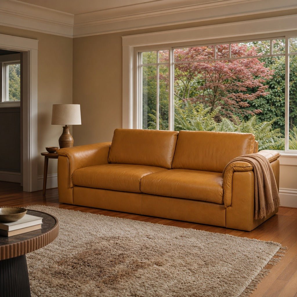 Jackson Sofa in Tan styled in Portland St. Johns bungalow living room - Whats New Furniture