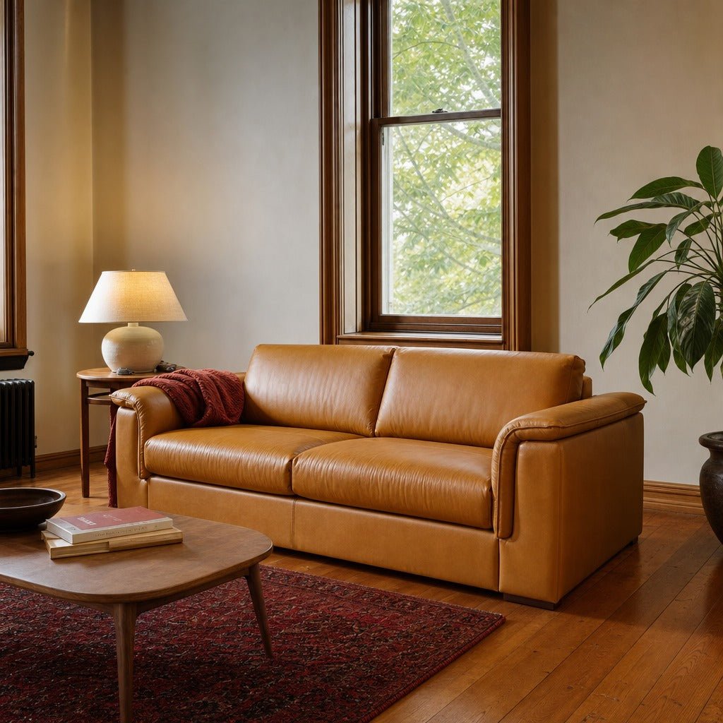 Jackson Sofa in Tan styled in Portland AlbertArts foursquare living room - Whats New Furniture