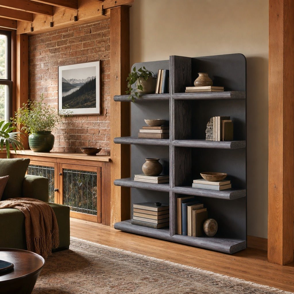 Julian Bookcase styled in Portland converted warehouse flat with warm exposed brick and fir timber beams (no steel, no concrete) living room - Whats New Furniture