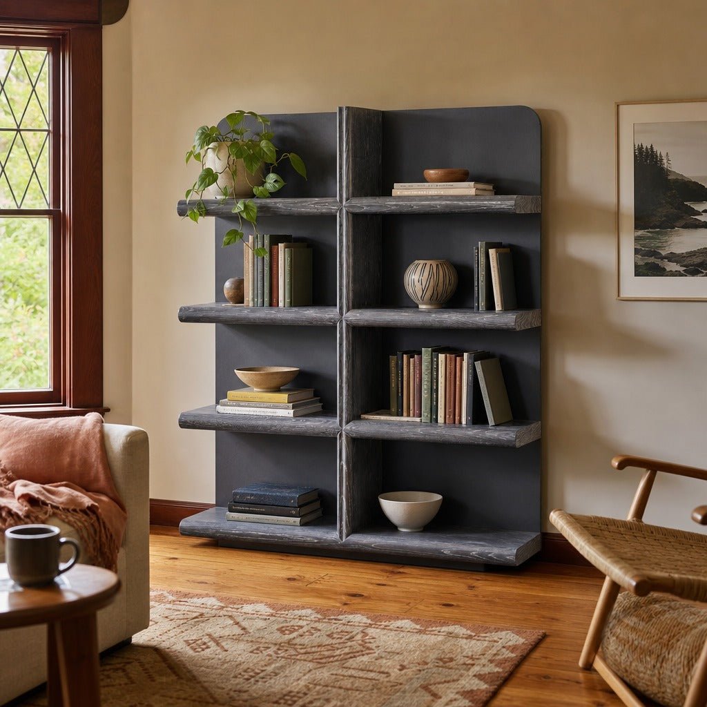 Julian Bookcase styled in Portland Laurelhurst Tudor cottage living room - Whats New Furniture